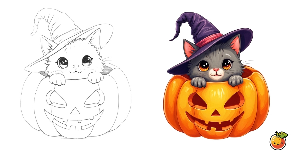 ハロウィンの仮装をした猫の塗り絵