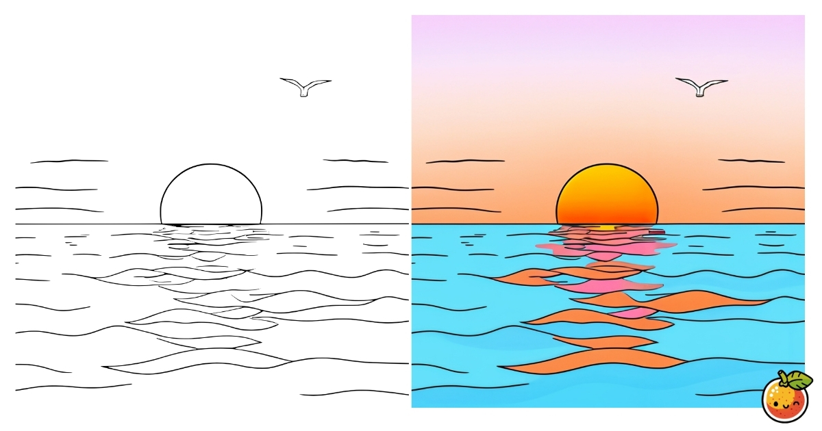 夕日の太陽と海の塗り絵