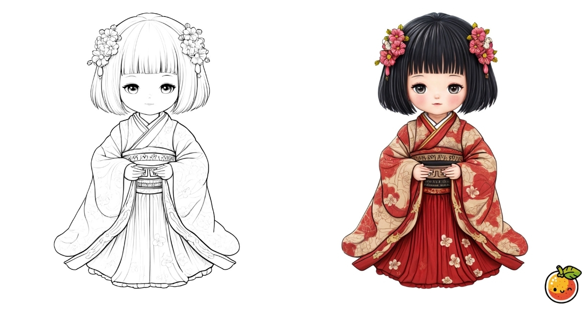 着物の少女の塗り絵