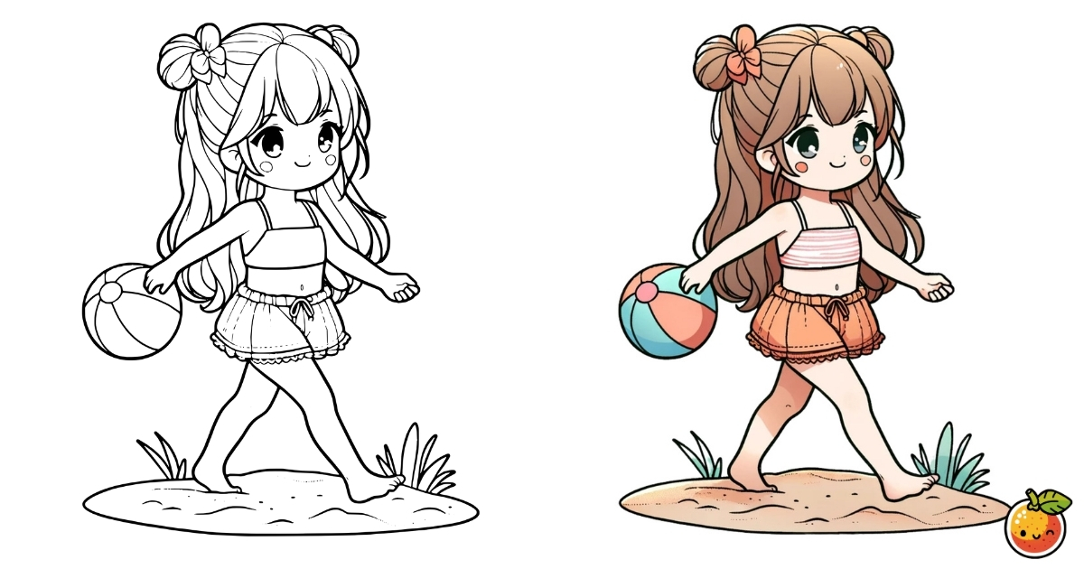 ボール遊びをする少女の塗り絵