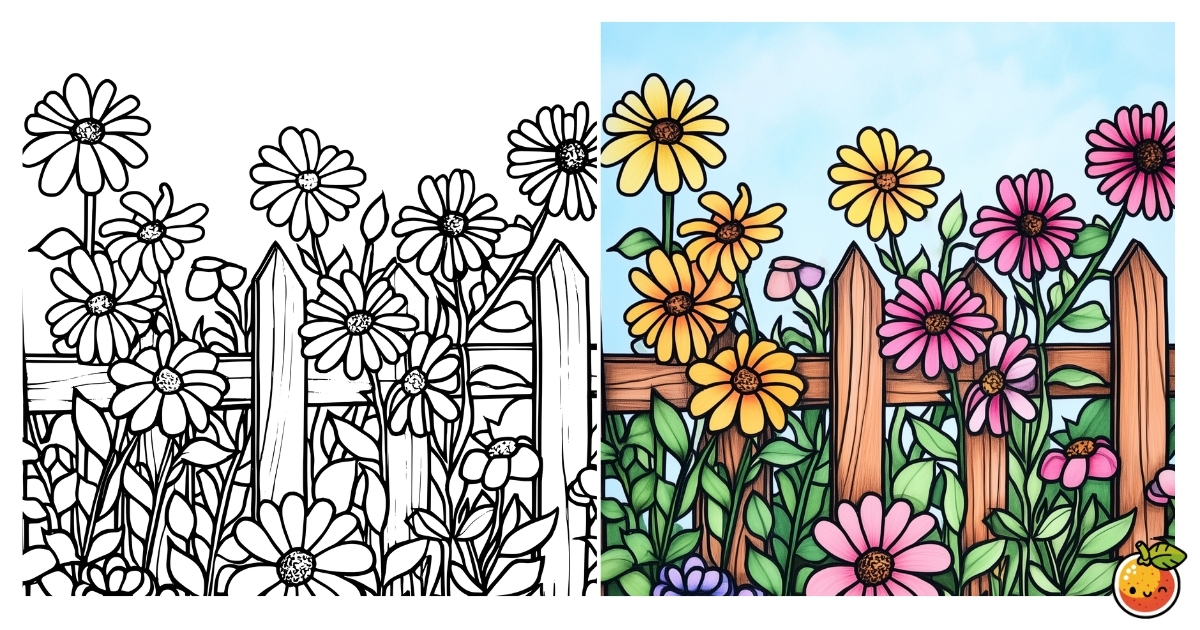 木の柵と花の塗り絵