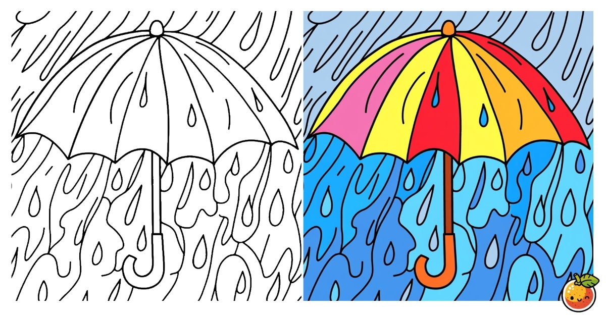 大雨と傘の塗り絵