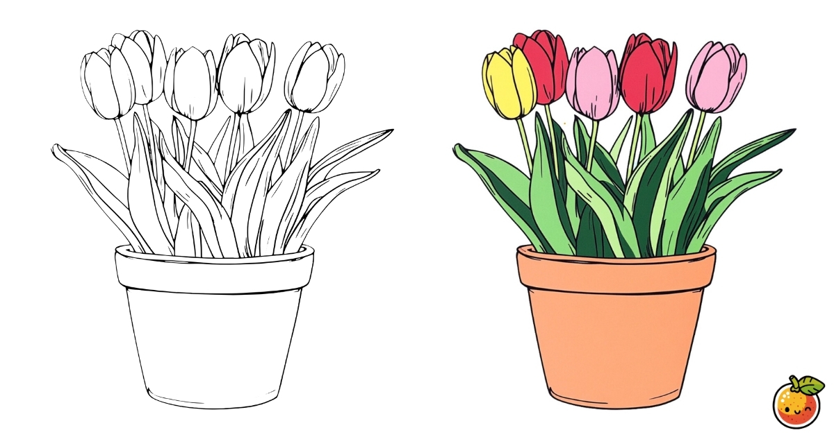 チューリップの鉢植えの塗り絵