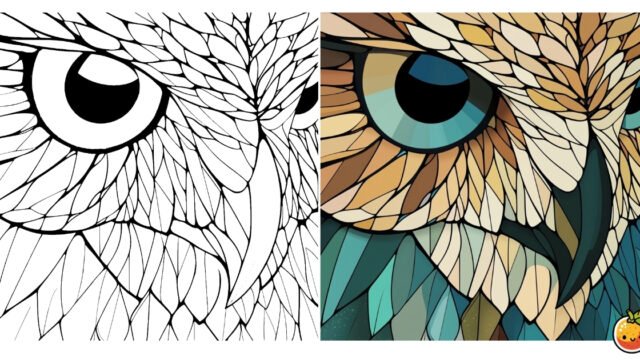 幾何学模様のフクロウの塗り絵（鳥類の塗り絵）／Geometric owl – bird coloring page