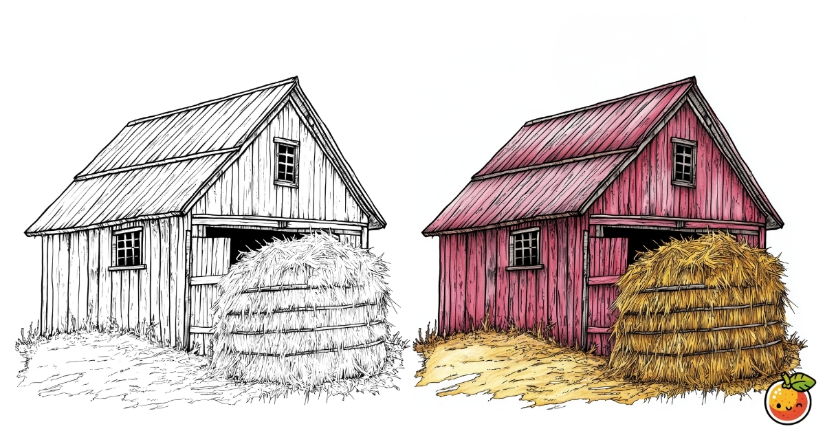 赤い納屋と干し草の山の塗り絵