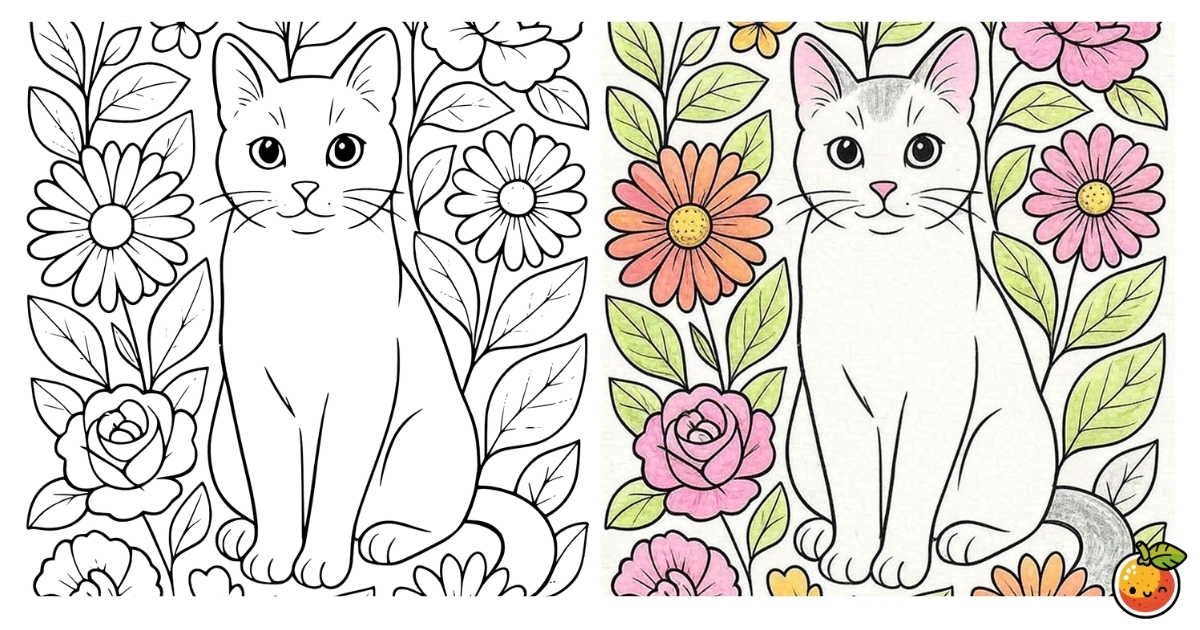 猫と花の塗り絵
