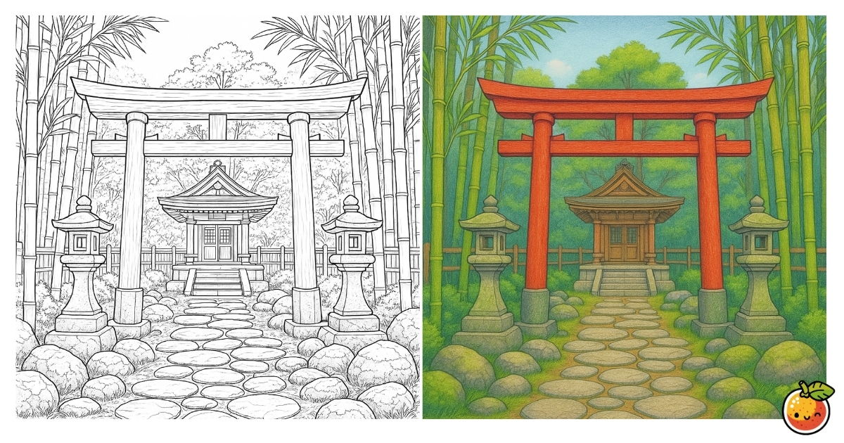 竹林の中の鳥居の塗り絵