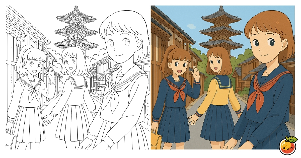 修学旅行生の塗り絵