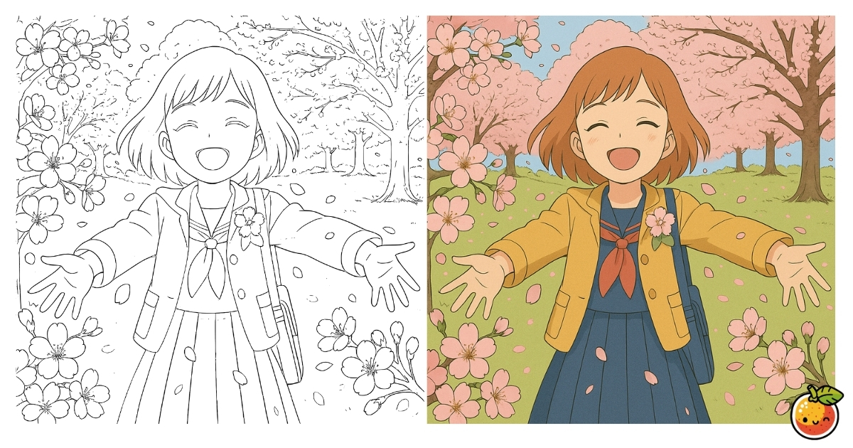 桜舞う日の塗り絵