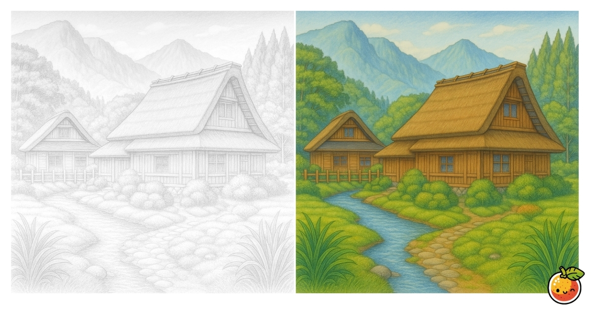森の中の古民家の塗り絵