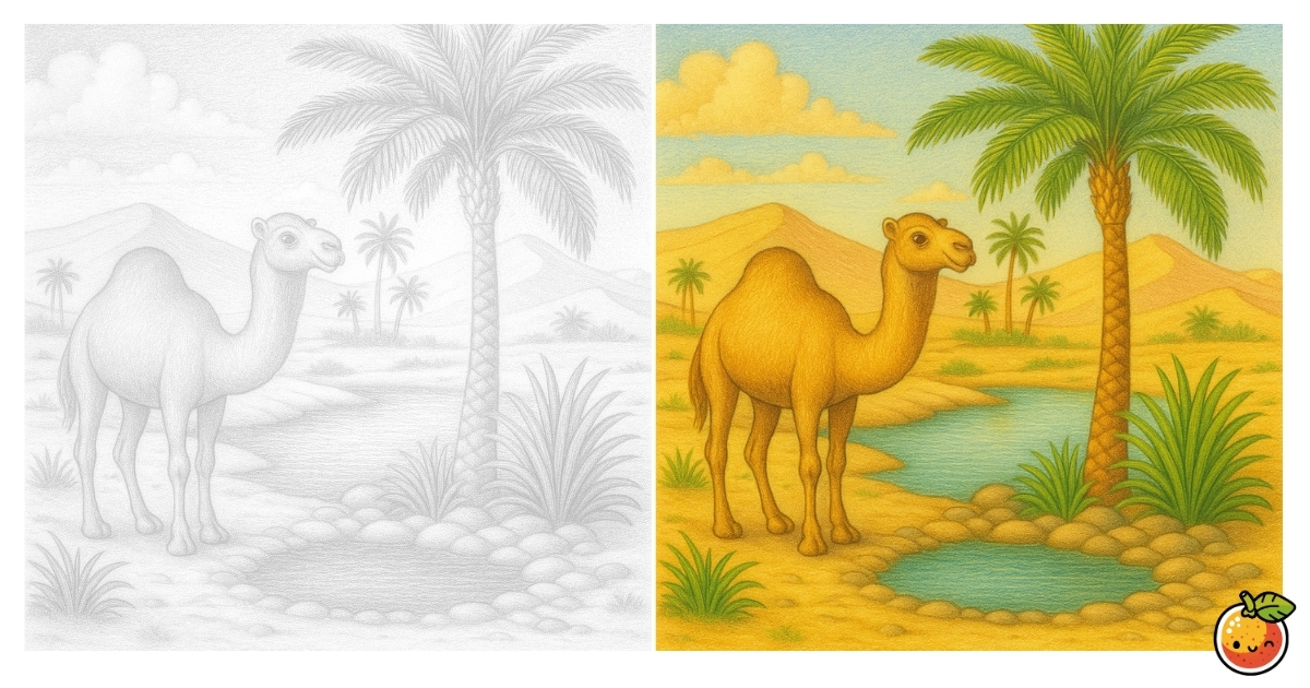 砂漠のオアシスとラクダの塗り絵