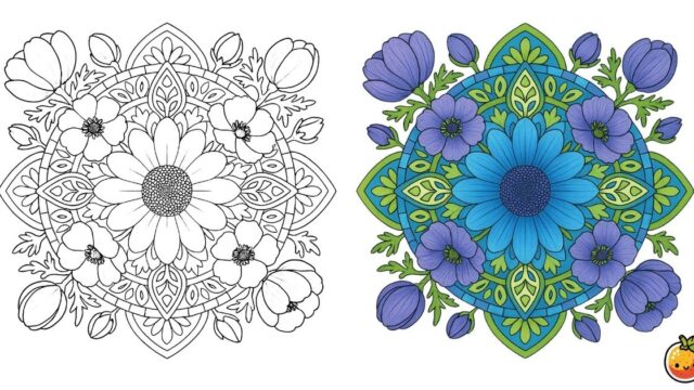 紫色の花の曼荼羅の塗り絵（曼荼羅の塗り絵）／Mandala of purple flowers – mandala coloring page