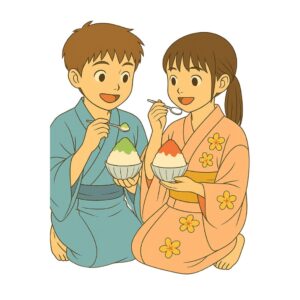 かき氷を食べる子供たち
