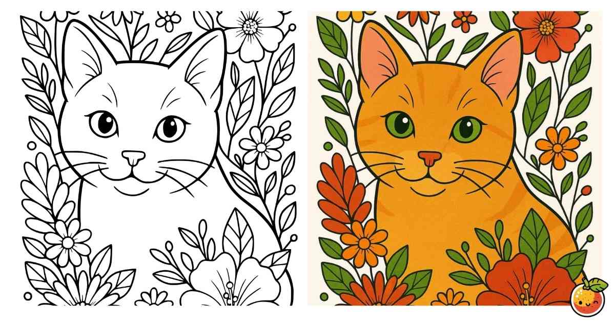 花咲く庭の茶トラ猫の塗り絵（動物の塗り絵）／Orange tabby cat in blooming garden – animal coloring page