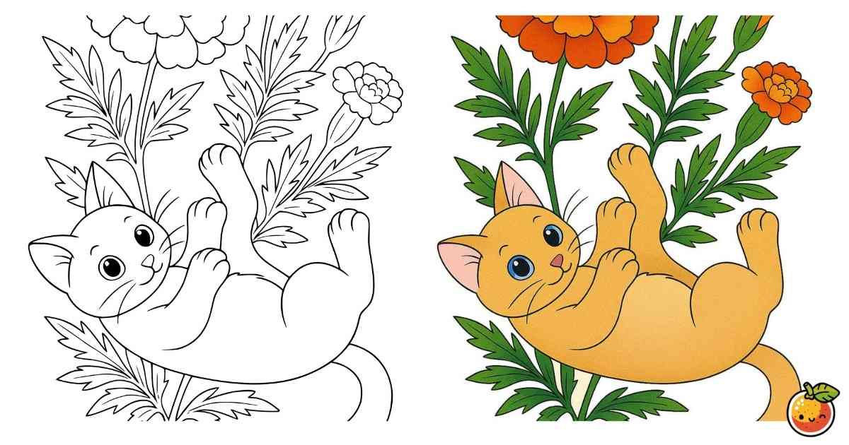 マリーゴールドとごろり猫の塗り絵（動物の塗り絵）／Relaxed cat lying by marigolds – animal coloring page