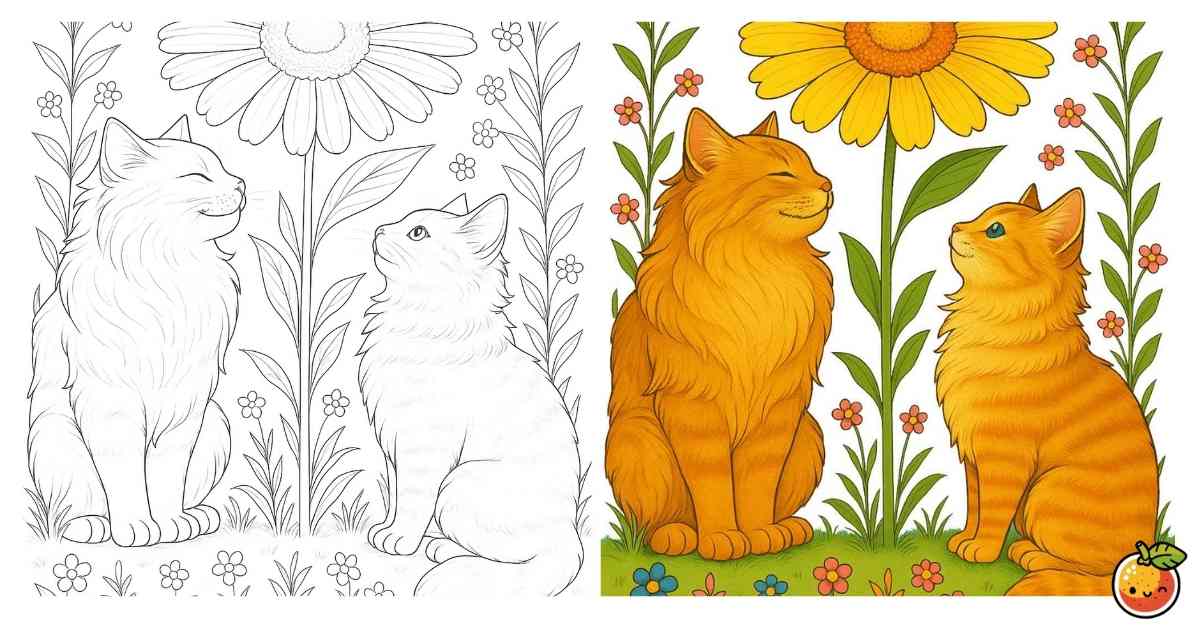 ひまわりと約束の朝の塗り絵（動物の塗り絵）／Sunflowers and a promised morning – animal coloring page