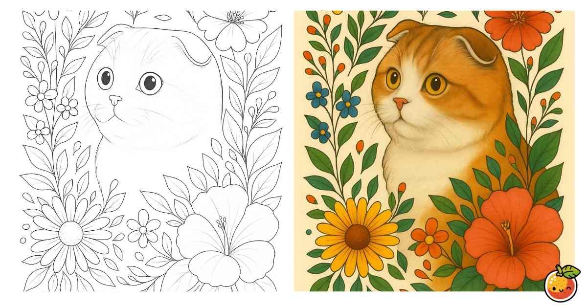 花園のスコティッシュフォールドの塗り絵（動物の塗り絵）／Scottish Fold in a flower garden – animal coloring page