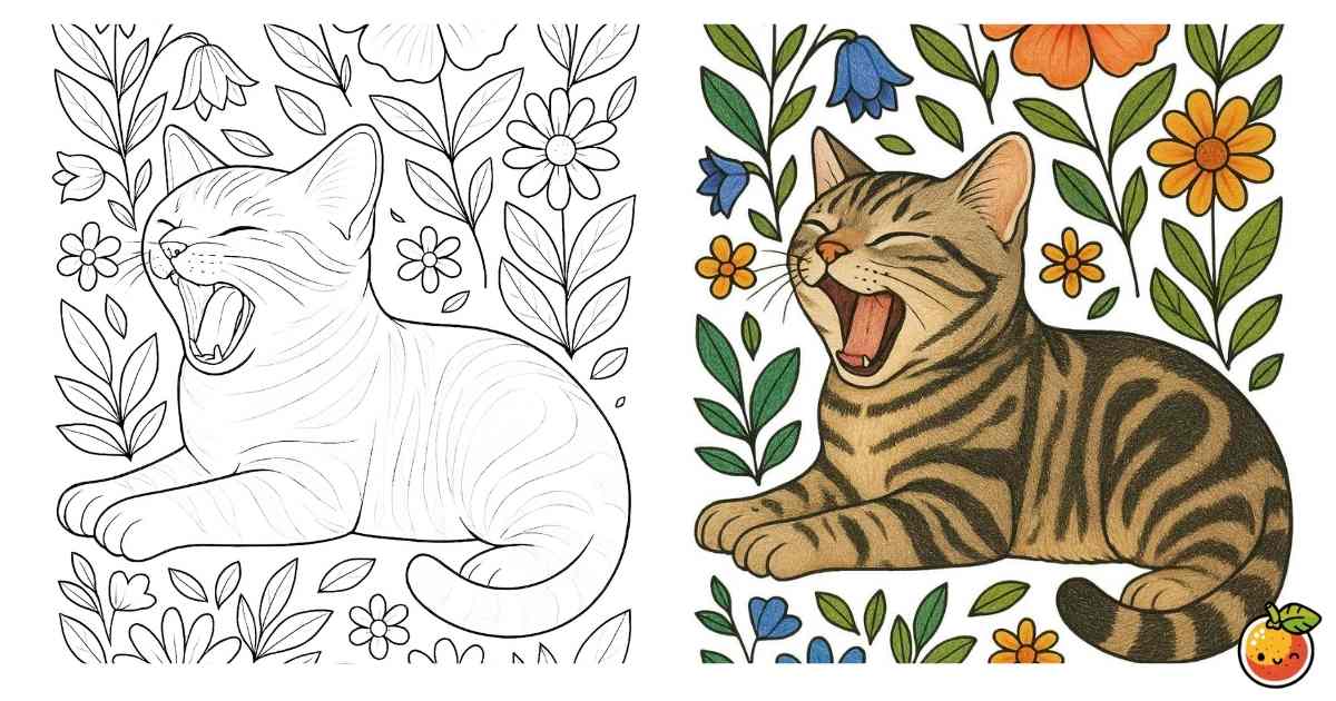 お花畑であくびひとつの塗り絵（動物の塗り絵）／A single yawn in a flower field – animal coloring page