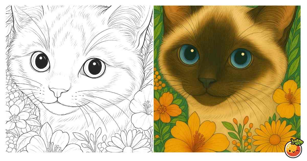 お花好きなシャム猫の塗り絵（花と動物の塗り絵）／Flower-loving Siamese cat – flower & animal coloring page