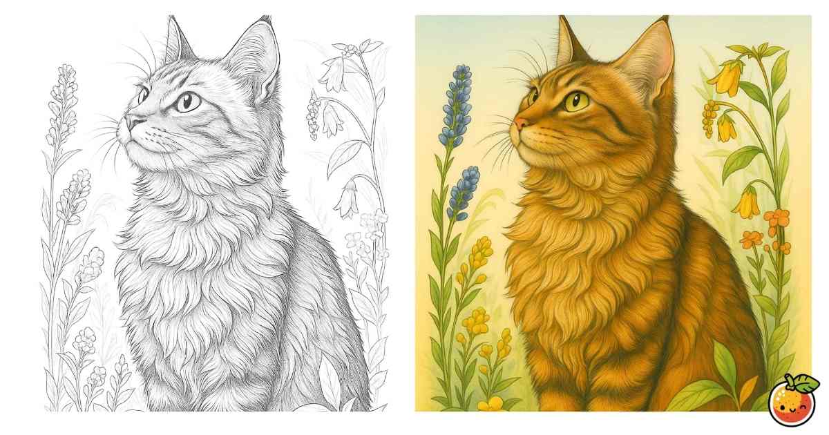 陽だまりにたたずむ長毛猫の塗り絵（花と動物の塗り絵）／Long-haired cat in a sunny spot – flower & animal coloring page