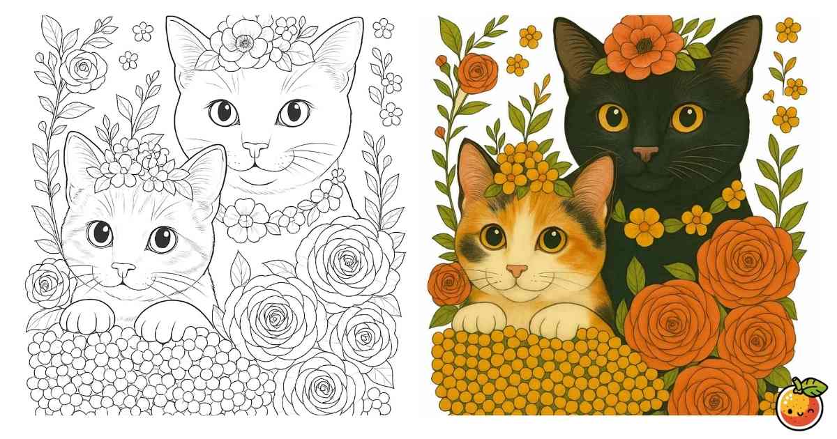 三毛と黒猫の花園日和の塗り絵（花と動物の塗り絵）／Calico and black cats in a blooming garden – flower & animal coloring page