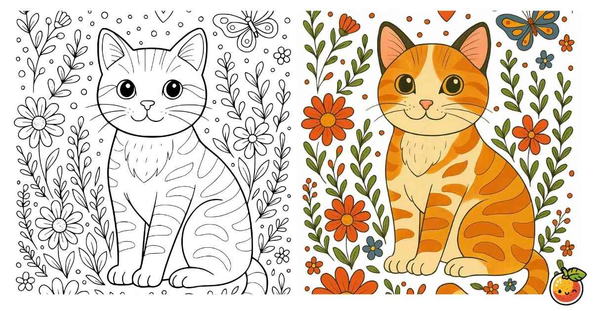 デイジー畑の茶トラくんの塗り絵（花と動物の塗り絵）／Orange tabby in a daisy field – flower & animal coloring page