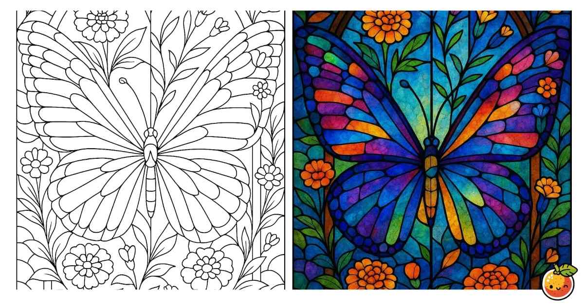 光の庭を舞う蝶-ステンドグラスの塗り絵