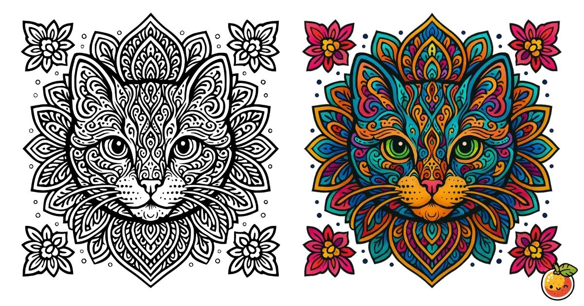 花曼荼羅に宿る彩猫の塗り絵（曼荼羅の塗り絵）／Colorful cat dwelling in a floral mandala – mandala coloring page