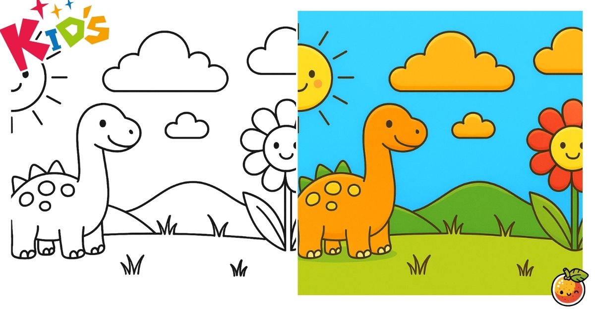 にこにこ太陽と恐竜の楽しい一日の塗り絵（子供の塗り絵）／Smiling sun and dinosaurs having fun – kids coloring page
