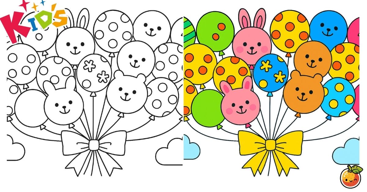 にこにこバルーンパレードの塗り絵（子供の塗り絵）／Smiling balloon parade – kids coloring page