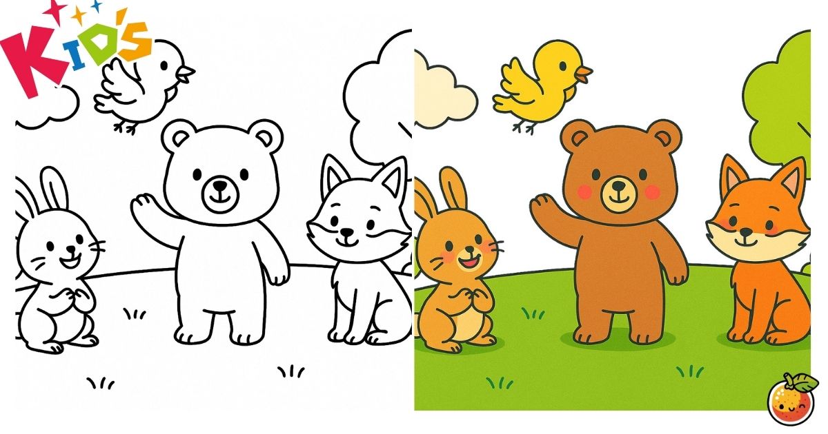 なかよし森のともだちの塗り絵（子供の塗り絵）／Friendly forest friends – kids coloring page