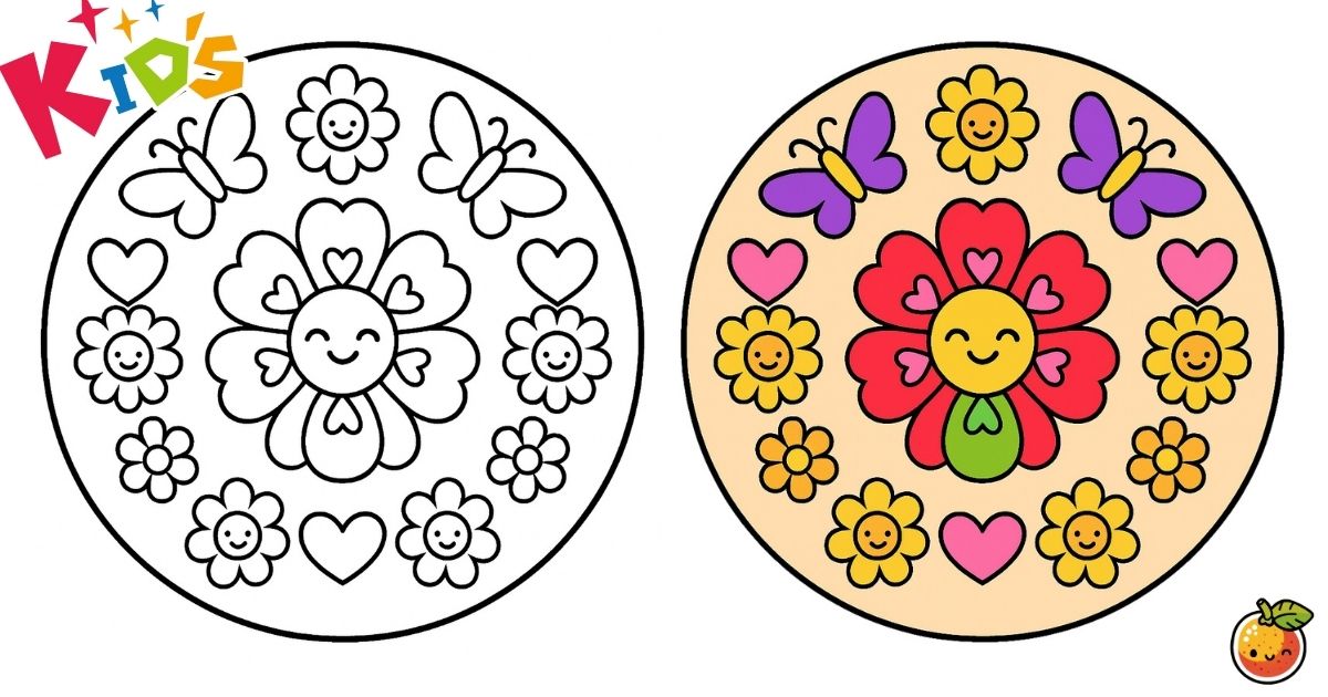 お花と蝶々の曼荼羅の塗り絵（子供の塗り絵）／Flowers and butterflies mandala – kids coloring page