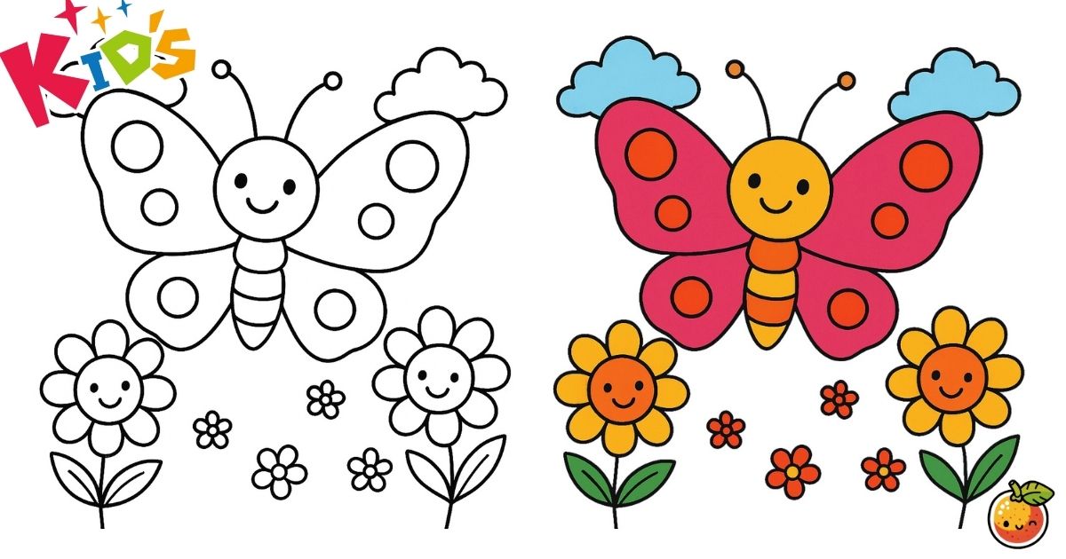 おはなとちょうちょのダンスの塗り絵（子供の塗り絵）／Dancing flowers and butterflies – kids coloring page