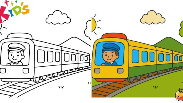 やまみちをはしるでんしゃの塗り絵（子供の塗り絵）／Train running through mountain path – kids coloring page
