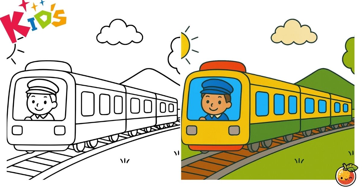 やまみちをはしるでんしゃの塗り絵（子供の塗り絵）／Train running through mountain path – kids coloring page
