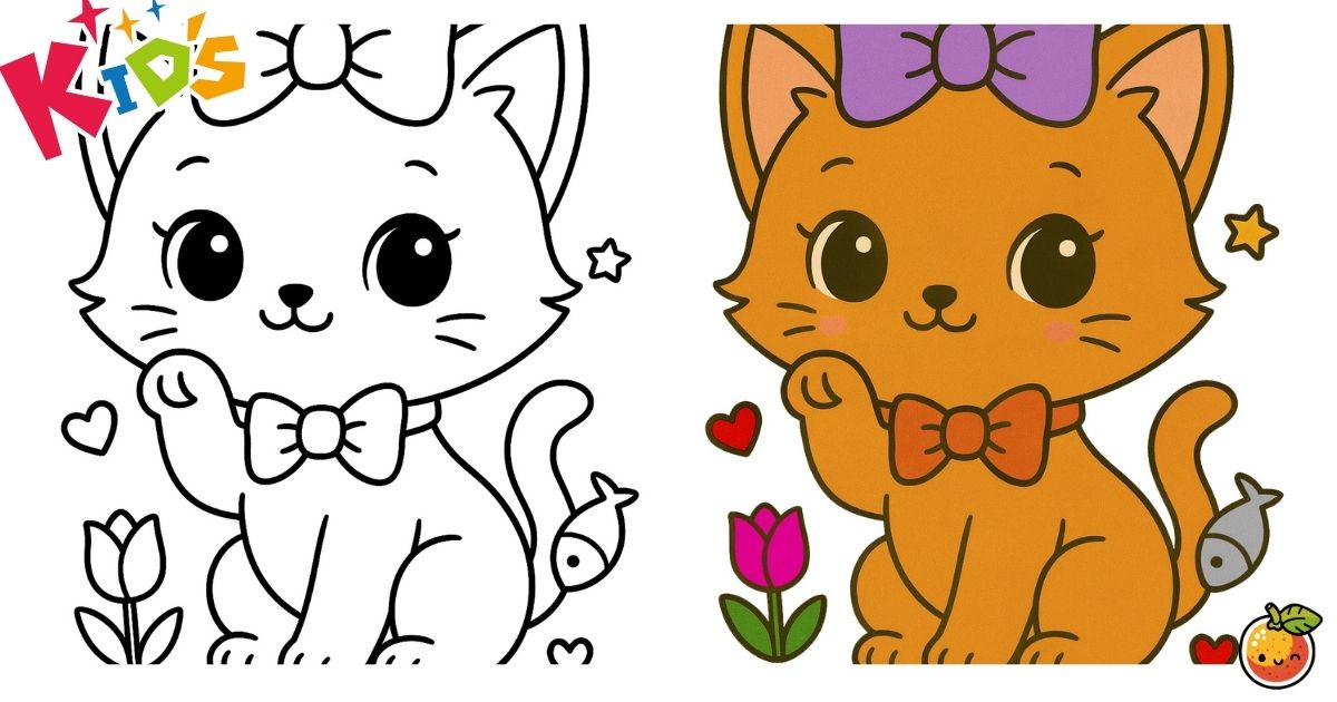 リボンがにあうおしゃれネコちゃんの塗り絵（子供の塗り絵）／Stylish cat with a pretty ribbon – kids coloring page