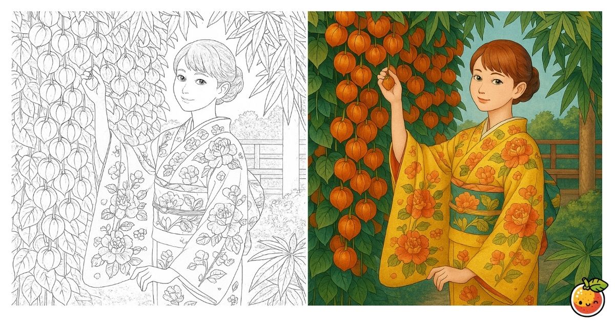 ほおずきと夏着物の午後の塗り絵（着物の塗り絵）／Afternoon with summer kimono and Chinese lantern plant – kimono coloring page