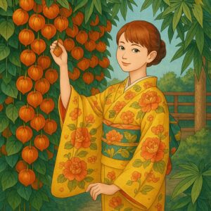 ほおずきと夏着物の午後