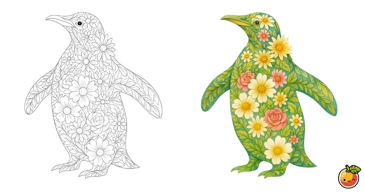 花に包まれたペンギンの塗り絵（動物の塗り絵）／Penguin surrounded by flowers – animal coloring page