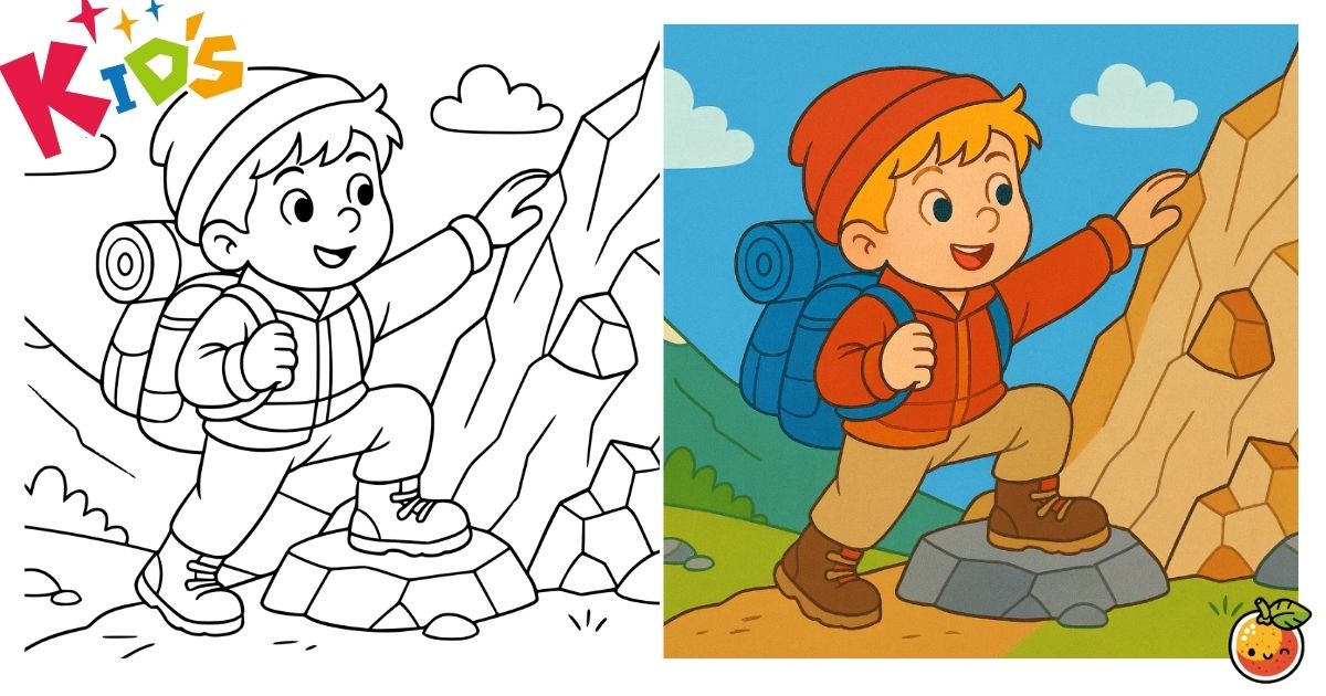 ちびっこ冒険家、山をのぼる！の塗り絵（子供の塗り絵）／Little adventurer climbs the mountain! – kids coloring page