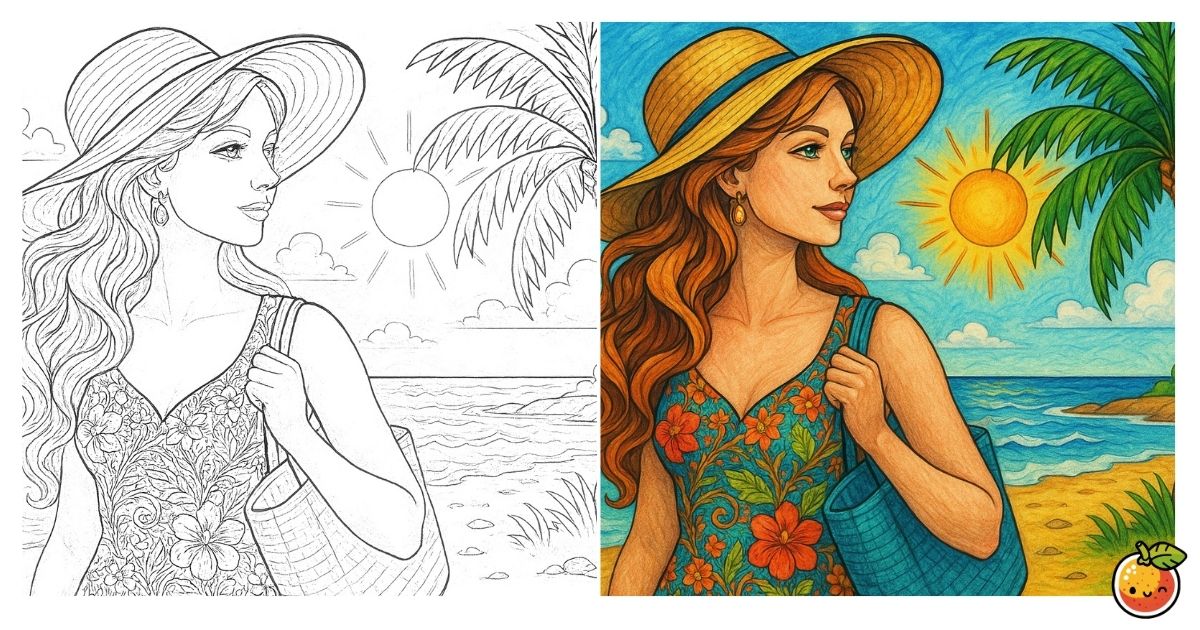 陽射しきらめく海辺にての塗り絵（海の塗り絵）／Sparkling sunshine by the seaside – ocean coloring page