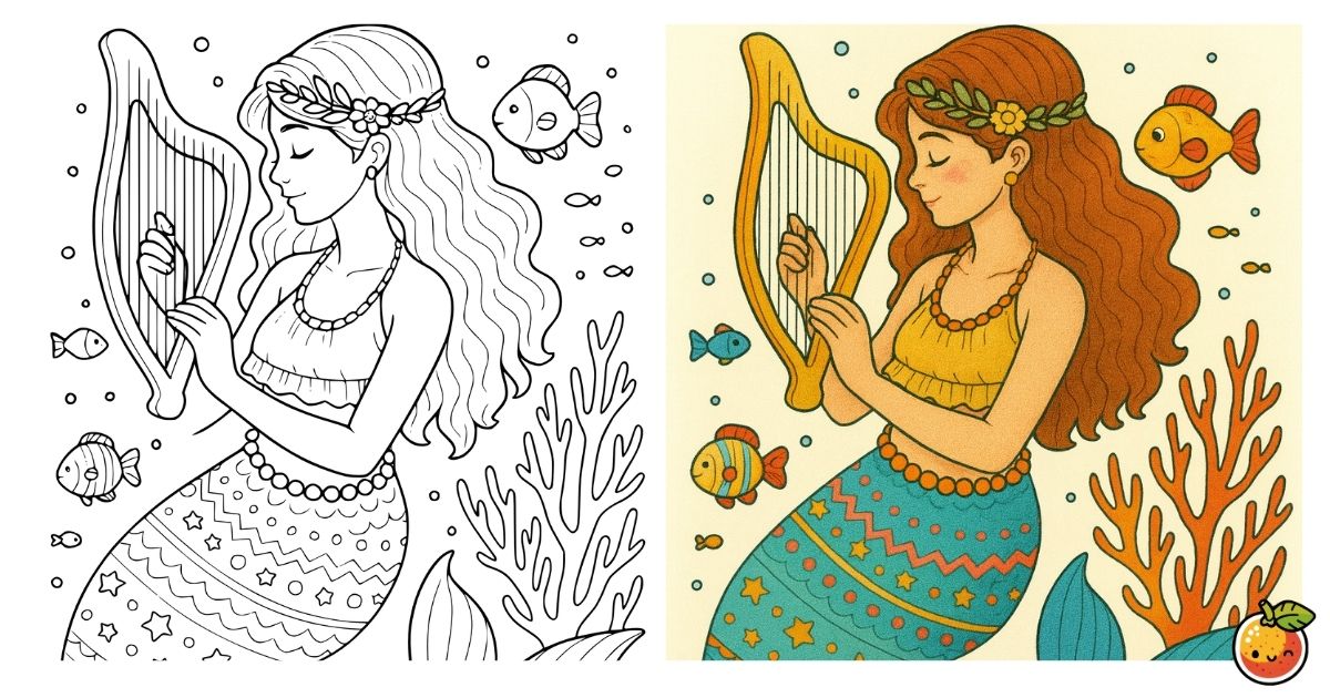 珊瑚の調べと人魚の子守唄の塗り絵（ファンタジーの塗り絵）／Coral melody and mermaid's lullaby – fantasy coloring page