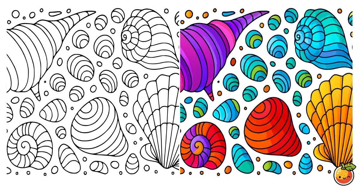 貝がらのカラーパレードの塗り絵（海の塗り絵）／Colorful seashell parade – ocean coloring page