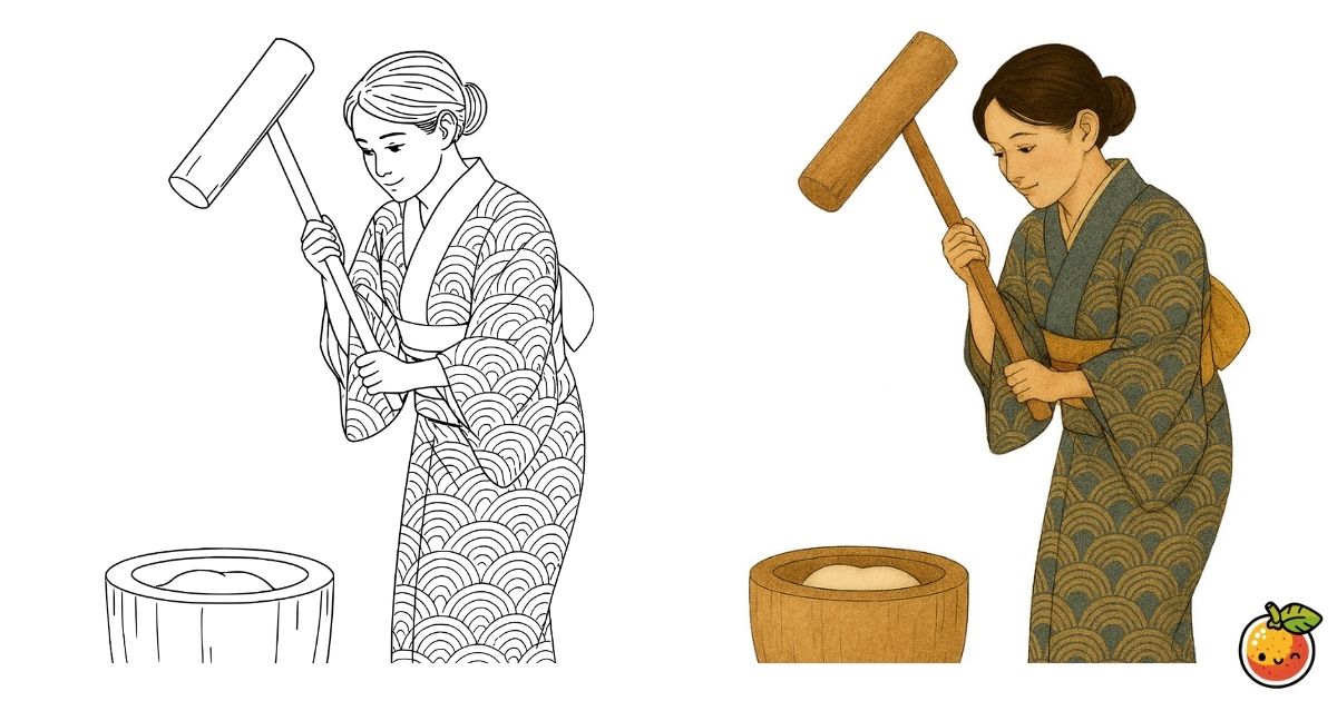 着物で餅つきの塗り絵（着物の塗り絵）／Kimono-clad mochi pounding – kimono coloring page