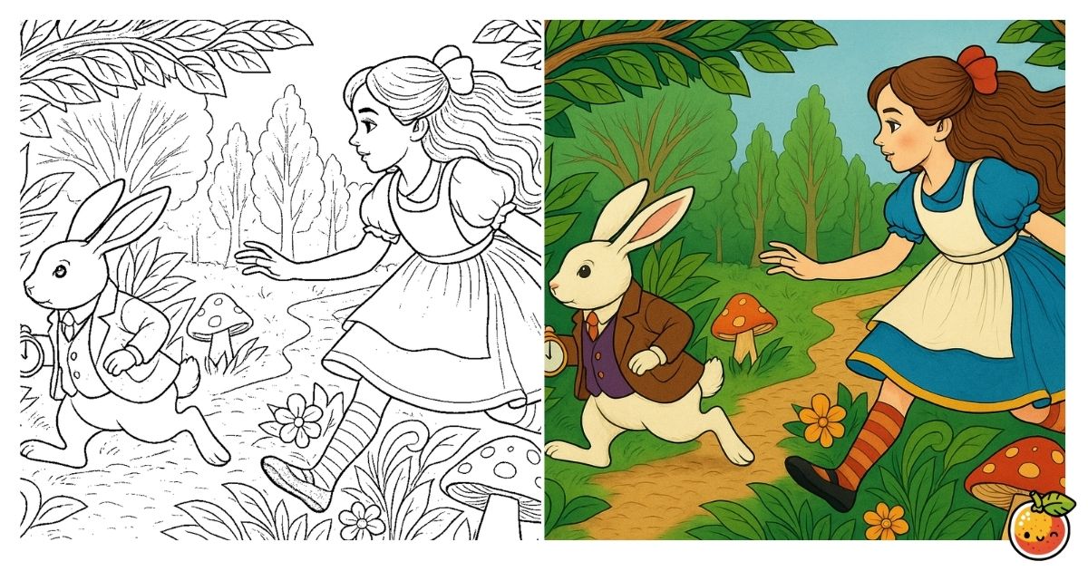 白ウサギを追いかけての塗り絵（物語の塗り絵）／Chasing the white rabbit – story coloring page