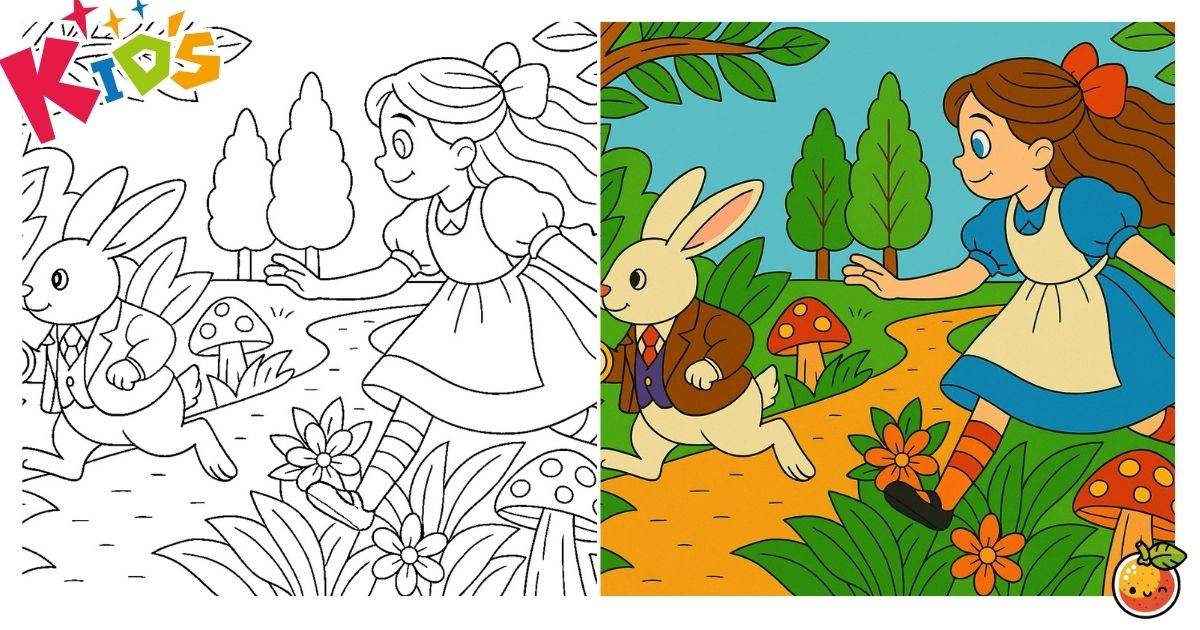 白ウサギを追いかけての塗り絵（子供の塗り絵）／Chasing the white rabbit – kids coloring page
