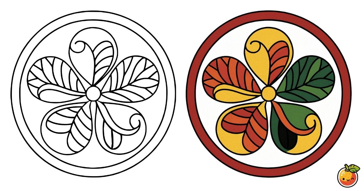 陽彩の葉章の塗り絵（家紋の塗り絵）／Radiant leaf crest – family crest coloring page