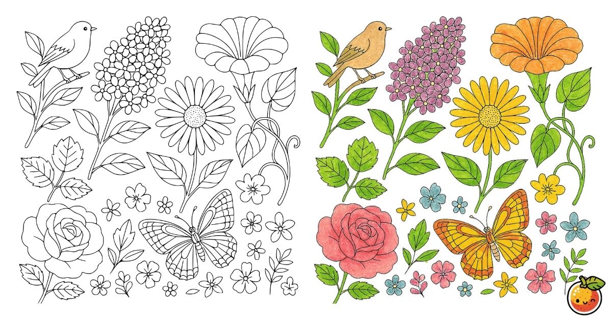 花と小鳥と蝶の春模様の塗り絵（植物の塗り絵）／Spring pattern with flowers, small birds, and butterflies – plant coloring page