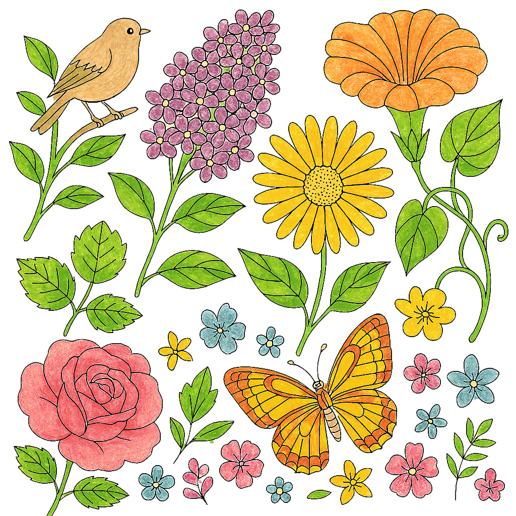花と小鳥と蝶の春模様-植物の塗り絵 | 塗り絵のゆずふる