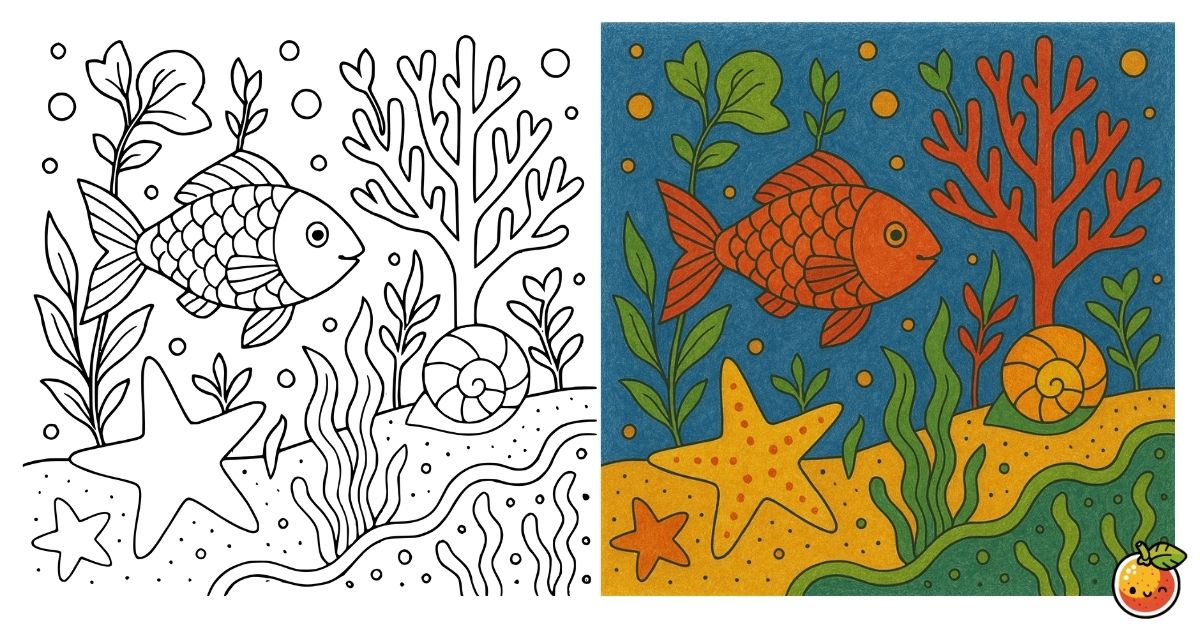 海の中の魚とサンゴの塗り絵（海の塗り絵）／Fish and coral under the sea – ocean coloring page